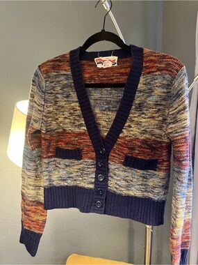 Vintage Multicolor Knit Cardigan Sweater - Navy Trim
